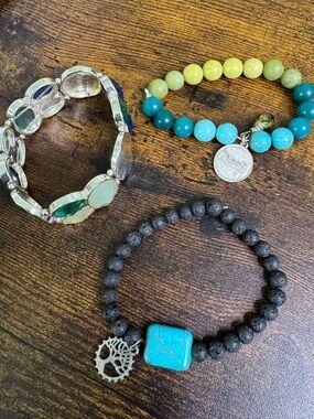 Turquoise & Black Lava Bead Charm Stretch Bracelet Bundle Stella & Dot Handmade